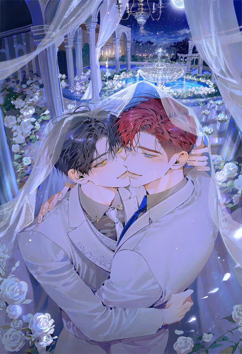 makk0__0's tweet photo. 베일 키스

v4.5, 5 테스트 완료
베일이나 손 오류 조금 있습니다.
필요에 맞게 수정해서 사용해 주세요.

2people, 2::kissing beneath a long sheer translucent veil::, kissing while looking into each other's eyes, eyes open, mutual eye contact, soft affectionate gaze, emotional and tender expressions, slightly flushed cheeks, faint smile, loving and yearning mood, faces very close, heads slightly tilted, intimate embrace, one holding the other's waist, the other hand behind his neck, elegant wedding-inspired suits with subtle embroidery and graceful fabric, cinematic wide composition, medium-long shot, characters smaller in frame, environment-focused composition, grand moonlit palace garden, flower-covered terrace, white roses, marble arches, tall pillars, flowing white curtains, glowing lanterns, distant fountain, drifting petals, sparkling particles, soft mist, dreamy luxurious atmosphere, highly detailed background, no extra people