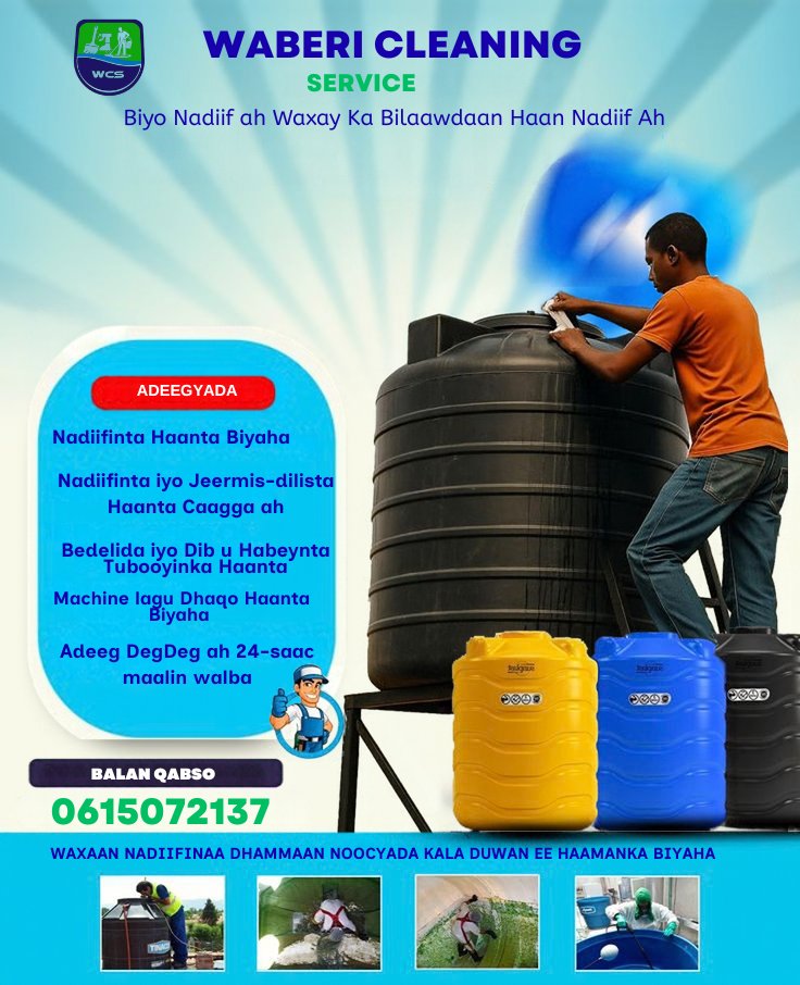 wabericleaning's tweet photo. Biyo Nadiif Ah Waxay Ka Bilaawdaan Haan Nadiif Ah 61 5072137 Laxariir waberi cleaning Maanta Si Aad u hesho nadiifin La Hubo https://t.co/dvxCk7w90g