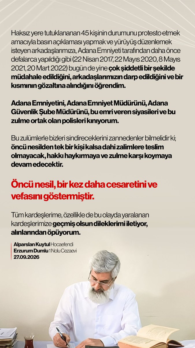 liderhoca_1's tweet photo. ALPARSLAN KUYTUL HOCAEFENDİ'DEN 26 EYLÜL SOKAK İŞKENCESİ HAKKINDA MESAJ

#HocamlaOkuyorum #AdanaEmniyeti
Polisten SokakIşkencesi AkpDönemi ZulümDönemi
OzgürlükYürüyüşüne Müdahale https://t.co/kXszqzrzcS