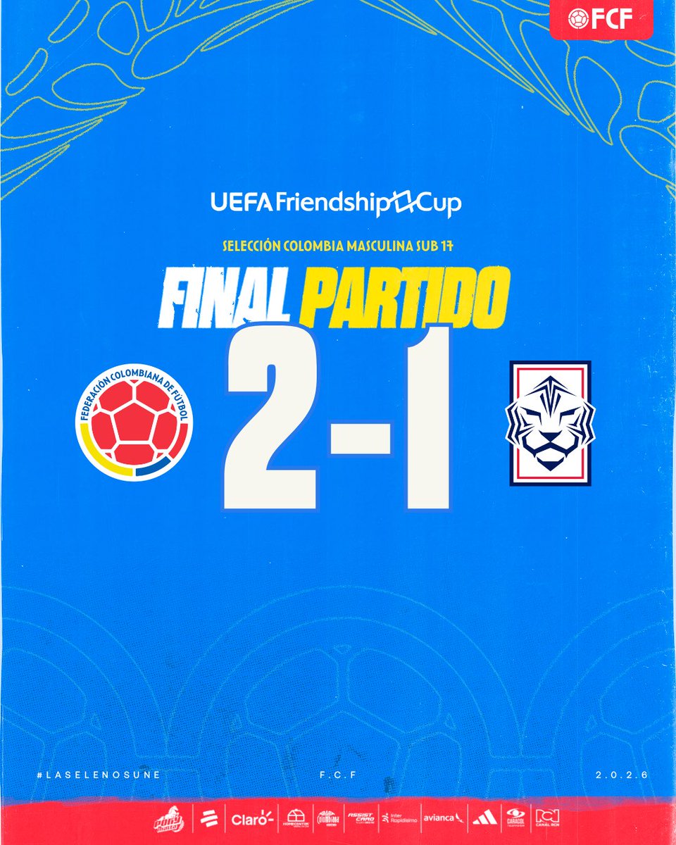 FCFSeleccionCol's tweet photo. ¡𝗙���𝗡𝗔𝗟 𝗗𝗘𝗟 𝗣𝗔𝗥𝗧𝗜𝗗𝗢!

Victoria de nuestra Selección Colombia Masculina Sub 17 en su partido en la UEFA Friendship Cup 🆚 🇰🇷

🇨🇴 2-1 🇰🇷
⚽️ Adrián Mosquera, Edwin Echeverría 

#LaSeleNosUne🇨🇴 https://t.co/Y4fadD4s6j