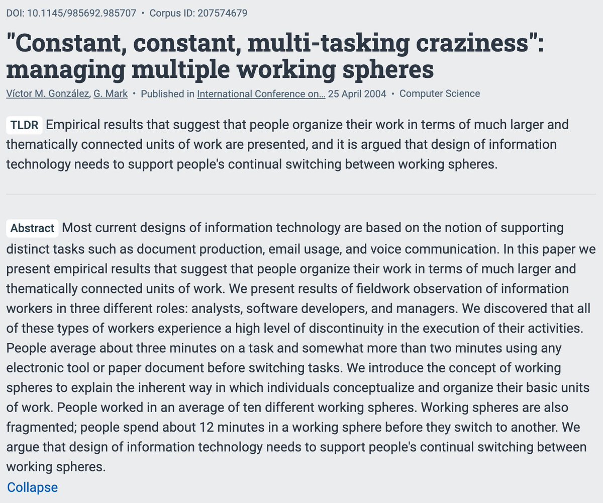 BrandonLuuMD's tweet photo. We seem to have a serious attention problem.

The average time people spent on a computer before switching:

2004: ~3 minutes  
2016: ~47 seconds https://t.co/VtCTk2BX1M