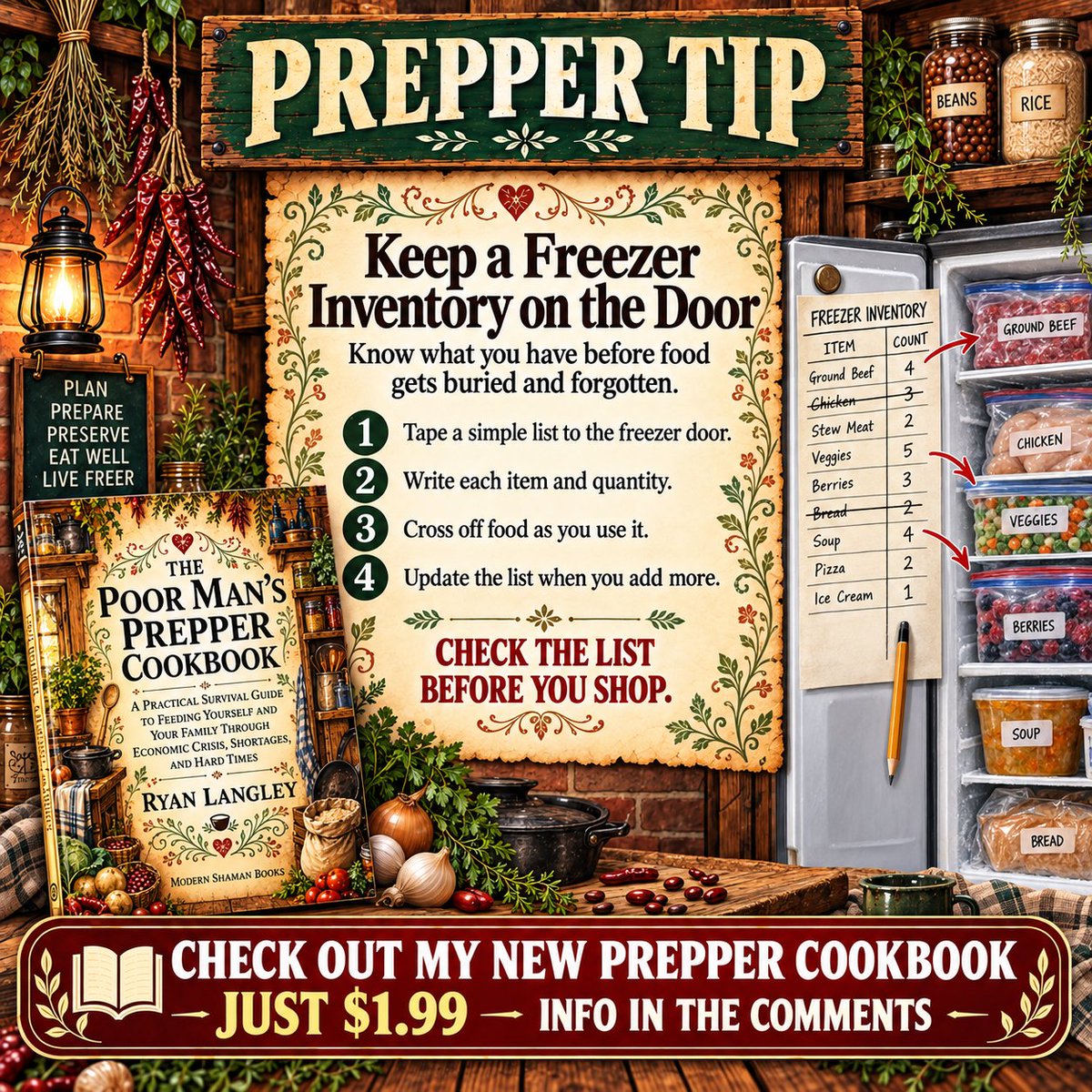 ModernShamanX's tweet photo. #PrepperTip ๐ Stop losing food in your freezer: keep an inventory list on the door ๐ง
Check out my new 181 page prepper cookbook for just $1.99 ๐
https://t.co/zRXCeiay3L
https://t.co/wNg5qNrLEa #Prepper #Survival https://t.co/ZvBeRRlU2E
