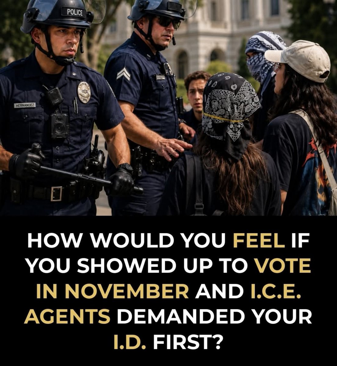 ag_0012's tweet photo. HOW WOULD YOU FEEL IF YOU SHOWED UP TO VOTE IN NOVEMBER AND I.C.E. AGENTS DEMANDED YOUR I.D. FIRST? https://t.co/rfI0E5ao9m