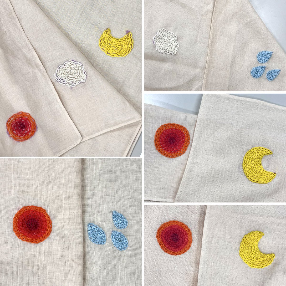 hagireiro's tweet photo. 本日のNHK文化センター刺繍教室は、太陽・雲・月・雨を1枚のバンダナに。
チェーンステッチで面を埋めるのは私も普段あまりやらないので新鮮な気持ち！
最初のうちは苦戦していた皆さんも、だんだんスピードアップしていくのが分かって嬉しい&amp;楽しい回になりました🌞☁️🌛💧 https://t.co/HdWBp4oXGH