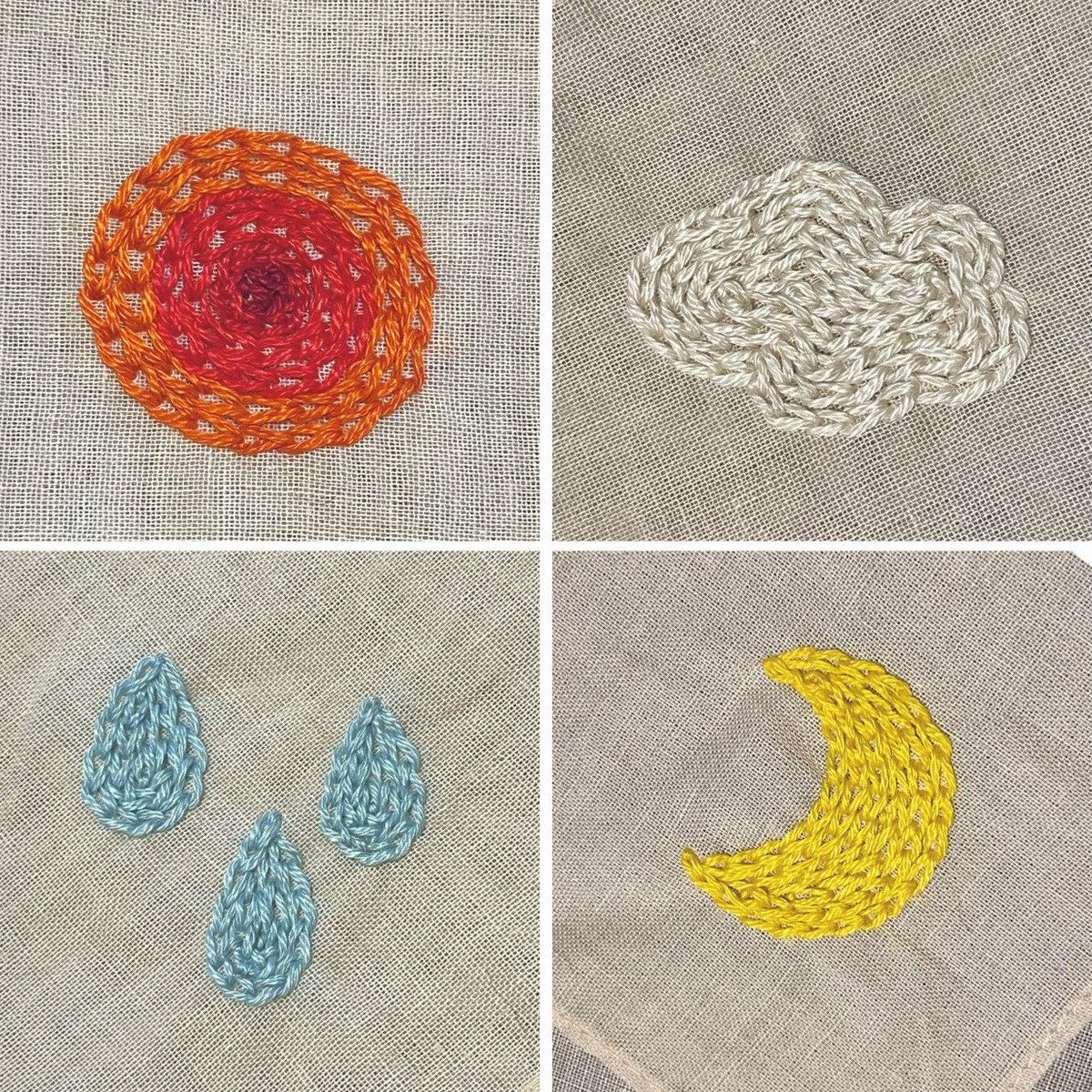 hagireiro's tweet photo. 本日のNHK文化センター刺繍教室は、太陽・雲・月・雨を1枚のバンダナに。
チェーンステッチで面を埋めるのは私も普段あまりやらないので新鮮な気持ち！
最初のうちは苦戦していた皆さんも、だんだんスピードアップしていくのが分かって嬉しい&amp;楽しい回になりました🌞☁️🌛💧 https://t.co/HdWBp4oXGH