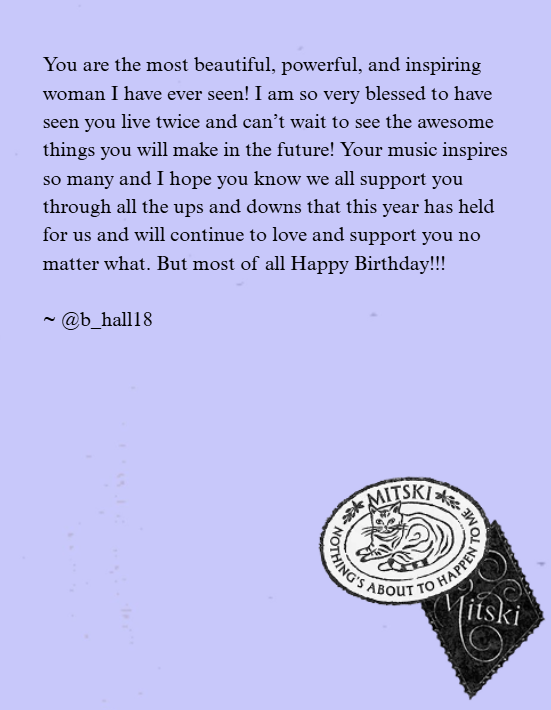 mitskidata's tweet photo. The Tansy House has a letter for Mitski! 💌

Read special birthday messages from fans here:

#HappyBirthdayMitski

https://t.co/PPJHBjzQKp https://t.co/TRIGYfRXDN