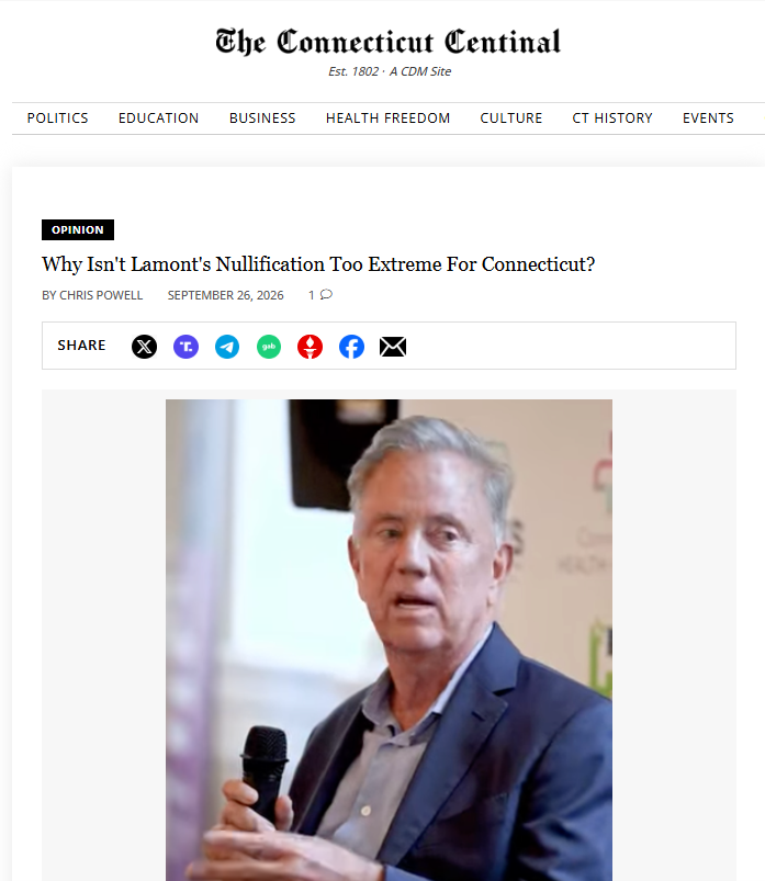 KristiTalmadge's tweet photo. "Why Isn't Lamont's Nullification Too Extreme For Connecticut" - Check out Chris Powell's latest column.

Ned Lamont's campaign ad says supporting the enforcement of federal immigration law is "too extreme for Connecticut" despite the fact that the Supremacy Clause to the Constitution exists and the whole premise of the ad is a farce.

"Indeed, why isn't the nullification being waged by the Lamont administration -- the facilitation of illegal immigration and the interference with immigration law enforcement -- also too extreme politically for the state?"