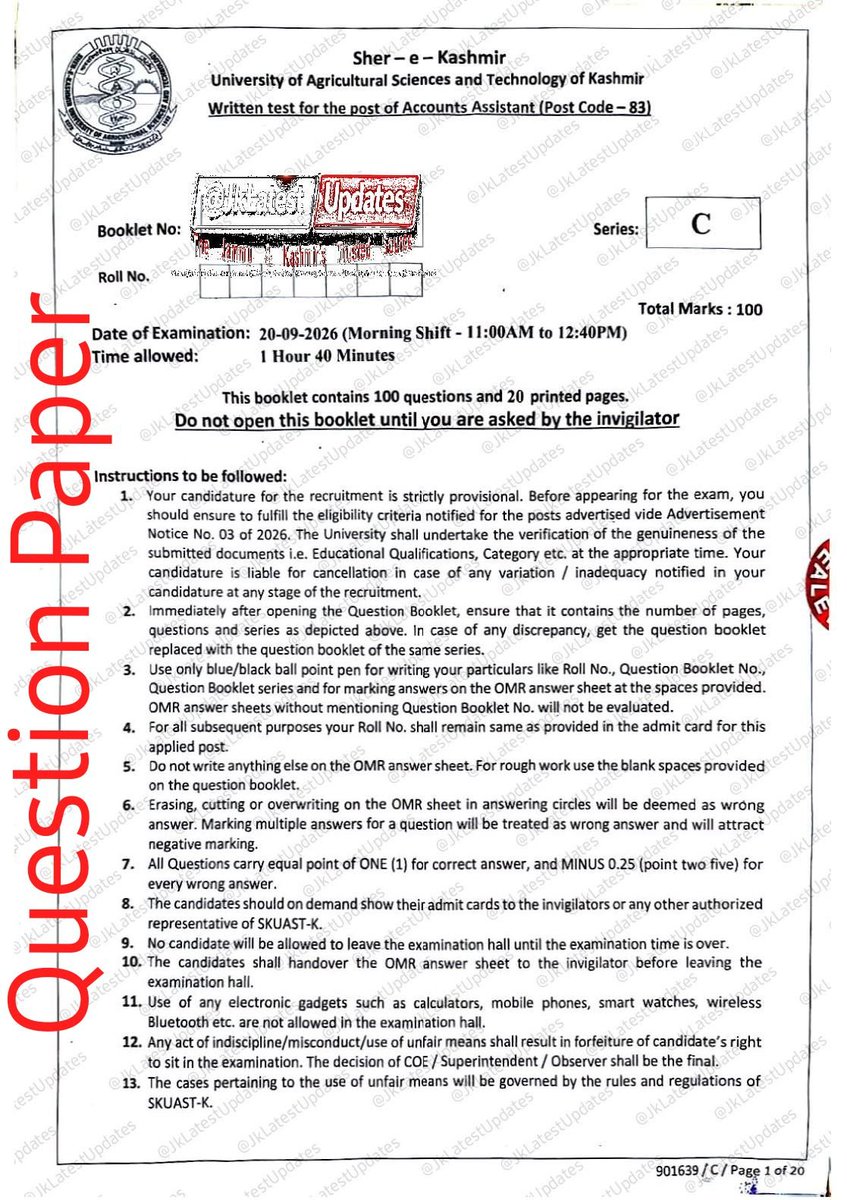JkLatestUpdates's tweet photo. >> #SKUAST #Kashmir : Question Paper Cum Answer Key For the Posts of Accounts Assistant #JkLatestUpdates
>Check https://t.co/yiVErU4c79
#QuestionPaper #AccountAssistant #AccountsAssistant #AnswerKeys https://t.co/lgJzrc50L3