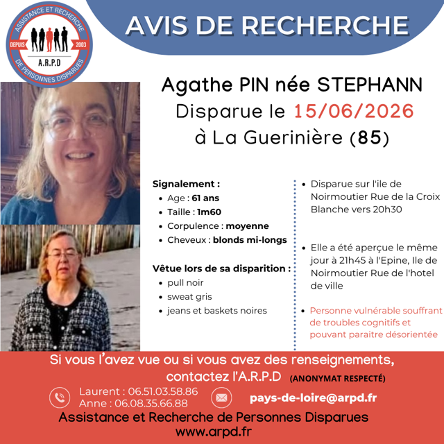 arpd_fr's tweet photo. AVIS DE RECHERCHE - DOSSIER ARPD
Agathe PIN née STEPHANN, 61 ans, disparue le 15 juin 2026 à La Guerinière (85)
Si vous l’avez vue ou si vous disposez d’une information, merci de contacter l’A.R.P.D. 
https://t.co/z2FSTUQuBf
#Noirmoutier #Vendee #ARPD https://t.co/AfoeXGbQYE