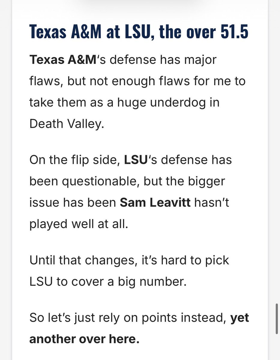 BadFoxGraphics's tweet photo. @ClayTravis @FoxNews 6/ “LSU‘s defense has been questionable…it’s hard to pick LSU to cover a big number. So let’s just rely on points instead, yet another over here.” –@ClayTravis, before the Tigers ‘D’ showed up and the UNDER hit

LSU        35 🏈
TX A&amp;M  6
Over 51.5 ❌

#FadeClay https://t.co/X1feqJMdio