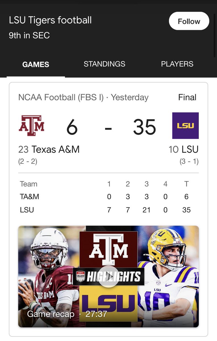 BadFoxGraphics's tweet photo. @ClayTravis @FoxNews 6/ “LSU‘s defense has been questionable…it’s hard to pick LSU to cover a big number. So let’s just rely on points instead, yet another over here.” –@ClayTravis, before the Tigers ‘D’ showed up and the UNDER hit

LSU        35 🏈
TX A&amp;M  6
Over 51.5 ❌

#FadeClay https://t.co/X1feqJMdio