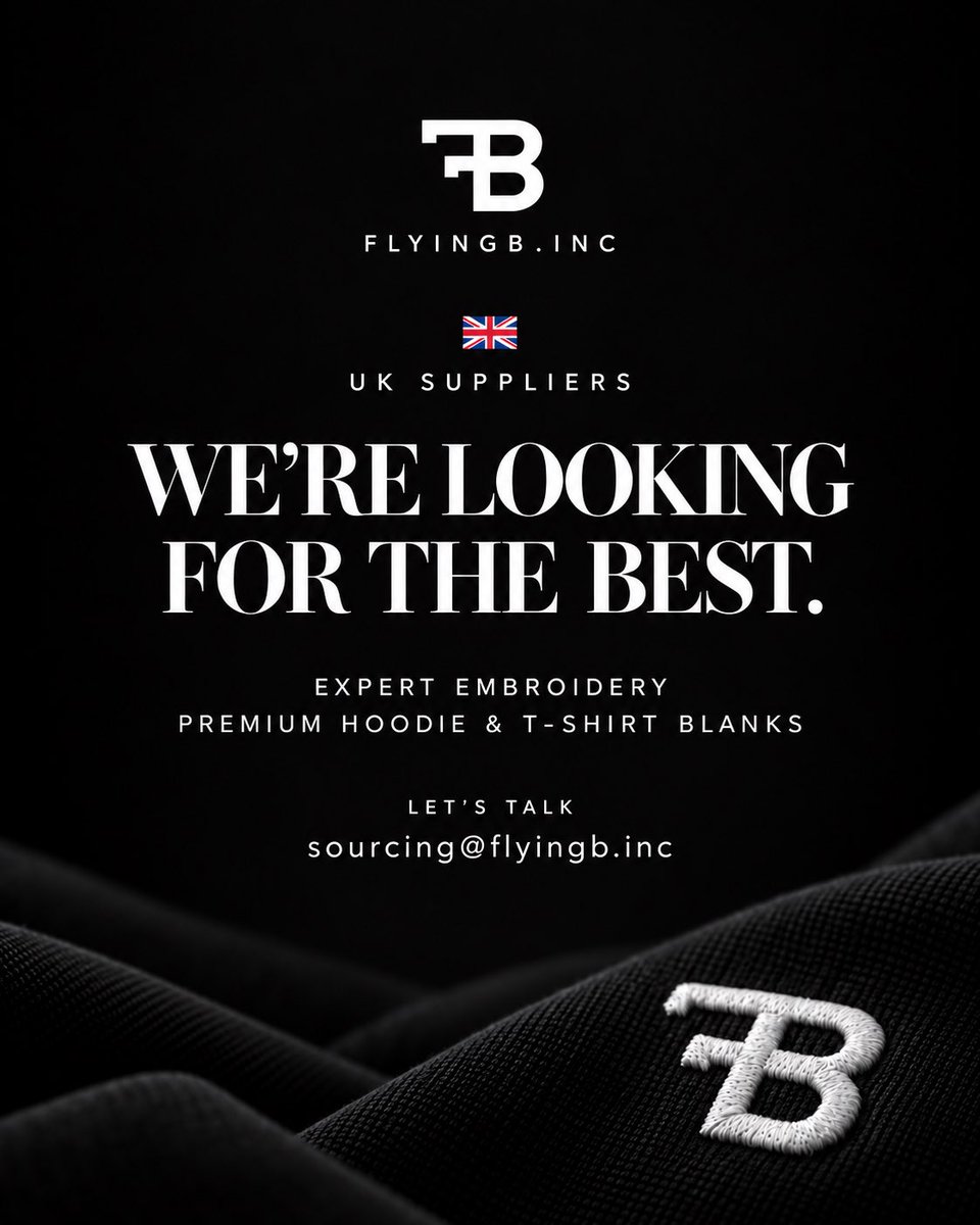 FlyingBinc's tweet photo. We’re building FLIGHT 1. Now we’re looking for the right people to build it with us.

https://t.co/uAHYP79TJ2 is sourcing UK partners for premium heavyweight hoodies and T-shirts, specialist embroidery and high-quality garment finishing.

Quality, consistency and attention to detail matter.

If you manufacture, supply or embroider premium garments in the UK, we’d like to hear from you.

sourcing@flyingb.inc

#FLYINGBINC #FLYINGBINCLOTHING #UKManufacturing #UKEmbroidery #GarmentManufacturing #StreetwearBrand #MadeInUK #FLIGHT1