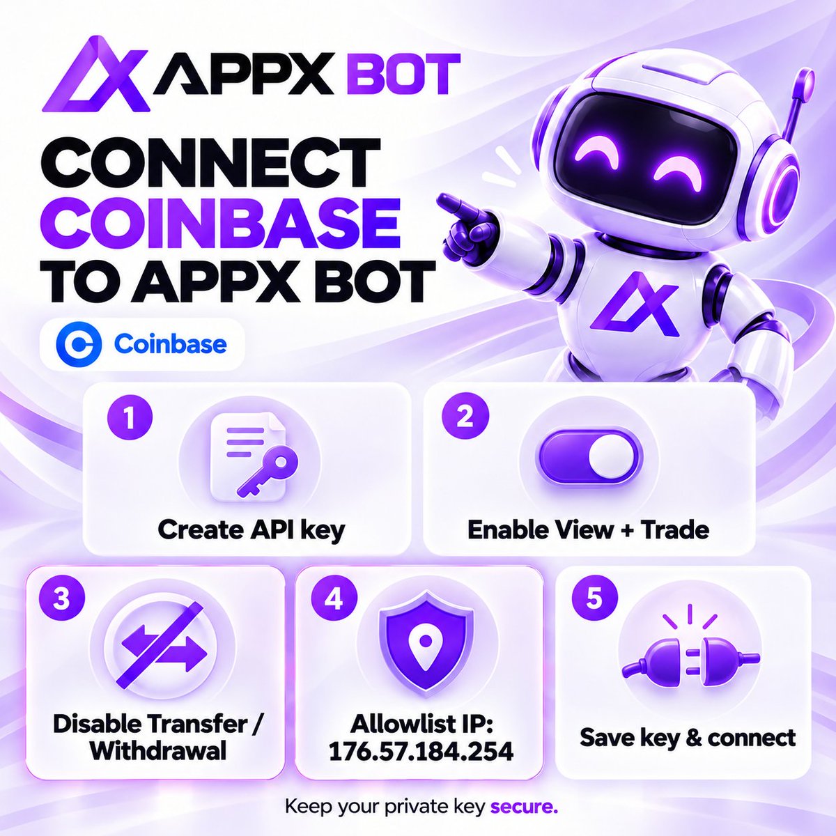 appxbot's tweet photo. How to create a Coinbase API key for APPX Bot 🔑

- Log in to the Coinbase Developer Platform.
- Go to API Keys → Secret API Keys → Create API key.
- Name your key APPX Bot.
- Enable View and Trade permissions only. Keep Transfer and Withdrawal disabled.
- Add 176.57.184.254 to the IP allowlist.
- Select ECDSA as the signature algorithm and create the key.
-Save your API key details securely, then add them to APPX Bot.

🔒 Never share your private key in a DM or screenshot.

#APPXBot