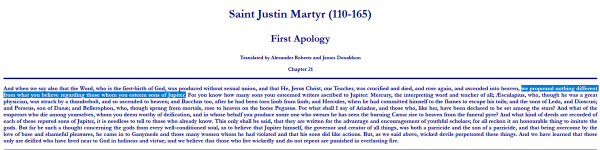 WazzaapXD's tweet photo. @CKierkegaa72537 @UmmahGrid Read the works of your own scholars. 

Justin Martyr, who lived 100 years after Jesus ascended, says the pagans used to believe their Gods were exactly like Jesus. In 1 Apology 21 quoted below https://t.co/YTnq0Iur98
