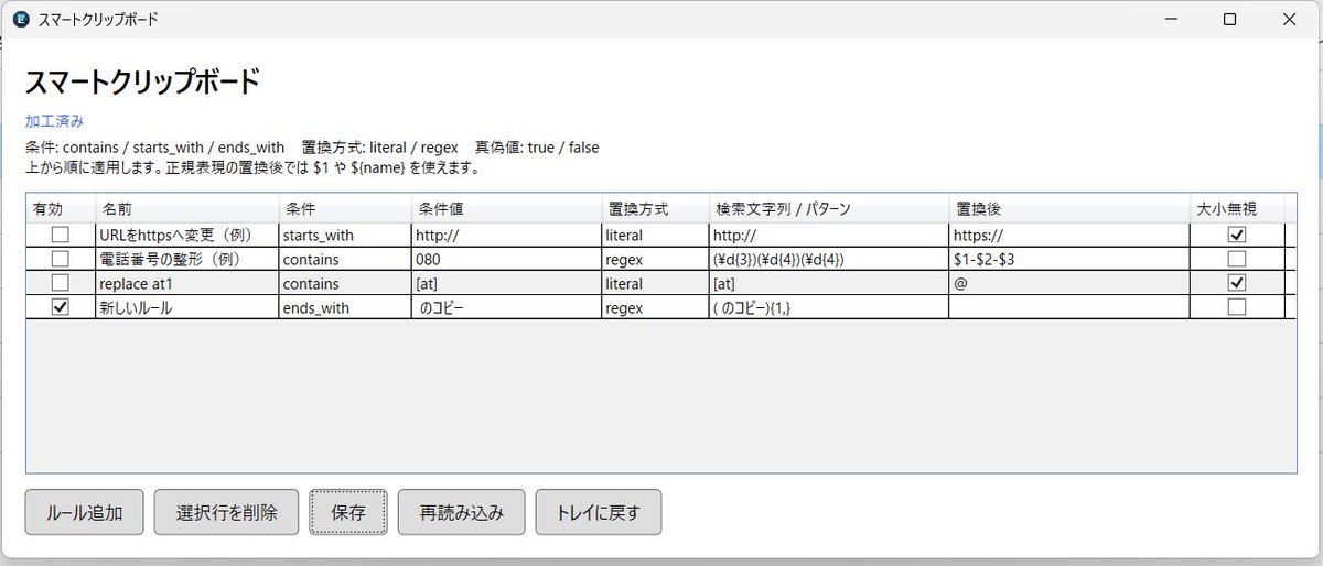 yoko_bsf14's tweet photo. 木曜だか金曜に仕事の必要で作った「スマートクリップボード」、つまりクリップボードに条件を満たすテキストが格納された時に定義に従って書き換えて再格納するアプリ、これが Google ドライブでファイルをコピーした時に付く " のコピー"  を消すのに便利。 https://t.co/XIzm2SviCp