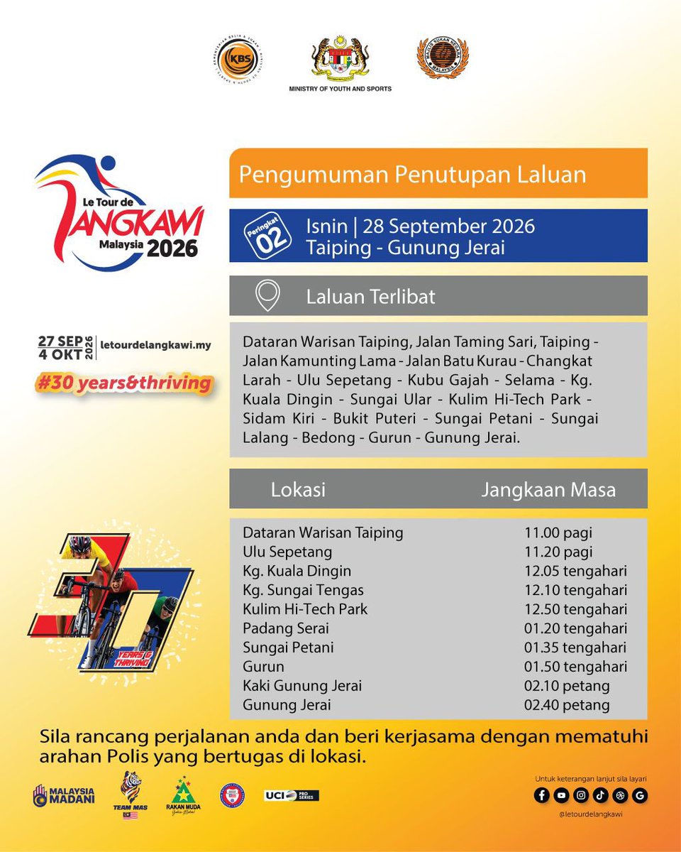 PDRMsia's tweet photo. [HEBAHAN] LTdL 2026: PENUTUPAN LALUAN PERINGKAT KEDUA

Bacaan lanjut menerusi pautan berikut,
https://t.co/FUoa3js6QC

Sumber: Sekretariat Le Tour de Langkawi 2026 dan Majlis Sukan Negara Malaysia https://t.co/es4dOJprJF