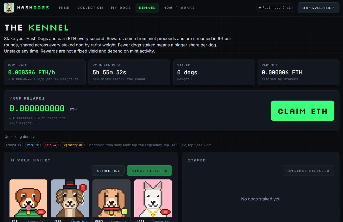 hashdog_mine's tweet photo. The Hash Dogs Kennel is live 🐶⛏️

Mined your dog? Now put it to work. Stake your Hash Dogs in the Kennel and earn ETH, streamed to you every second.

How it works:
• Rewards come from mint proceeds. Every new mint refills the pool.
• Rewards are paid out in 6-hour rounds and accrue every second, so you can watch your balance grow live.
• Your share depends on rarity: Common 1x | Rare 2x | Epic 4x | Legendary 8x
• Every staked dog shares the same pool, so fewer dogs staked means a bigger share for each one.
• Unstake anytime. Your dog goes straight back to your wallet.
• Claim your ETH whenever you want. No lockups, no waiting.

Rarity tiers come from rank: top 250 are Legendary, top 1,000 Epic, top 2,500 Rare. Check your dog in the Collection tab.

Everything runs on-chain on Robinhood Chain. Rewards depend on mint activity and aren't a fixed yield.

Stake now 👉 https://t.co/xUd5Qc3Zhr