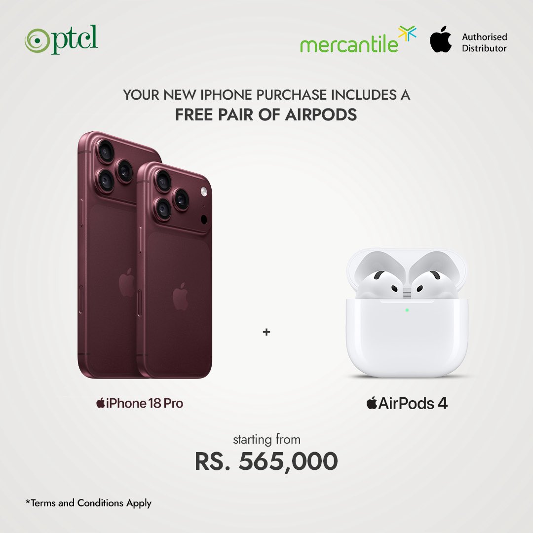 PTCLOfficial's tweet photo. Upgrade to the new iPhone 18 Pro (from Rs. 565,000) and get a FREE pair of AirPods!

Order online: https://t.co/nuxttmpBgX

Also available in-store at select locations in ISB, LHR &amp; KHI.

#PTCL #Mercantile #iPhone18pro https://t.co/2pwuvf8GuA