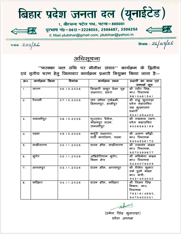Jduonline's tweet photo. जद (यू) के प्रदेश अध्यक्ष श्री उमेश सिंह कुशवाहा जी के निर्देशानुसार फरक्का जल संधि पर ‘नीतीश संवाद’ कार्यक्रम के द्वितीय एवं तृतीय चरण हेतु विभिन्न जिलों के प्रभारियों की नियुक्ति की गई है। https://t.co/4ABQIGLdnn