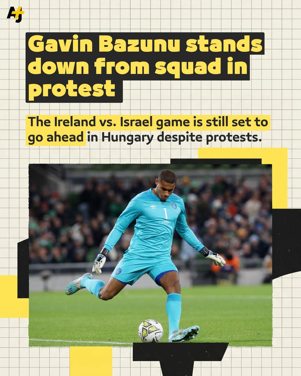 ajplus's tweet photo. Ireland goalkeeper Gavin Bazunu is refusing to play against Israel.

The footballer stood down, as the team voted to go ahead with the game. https://t.co/i5csHJS5EG