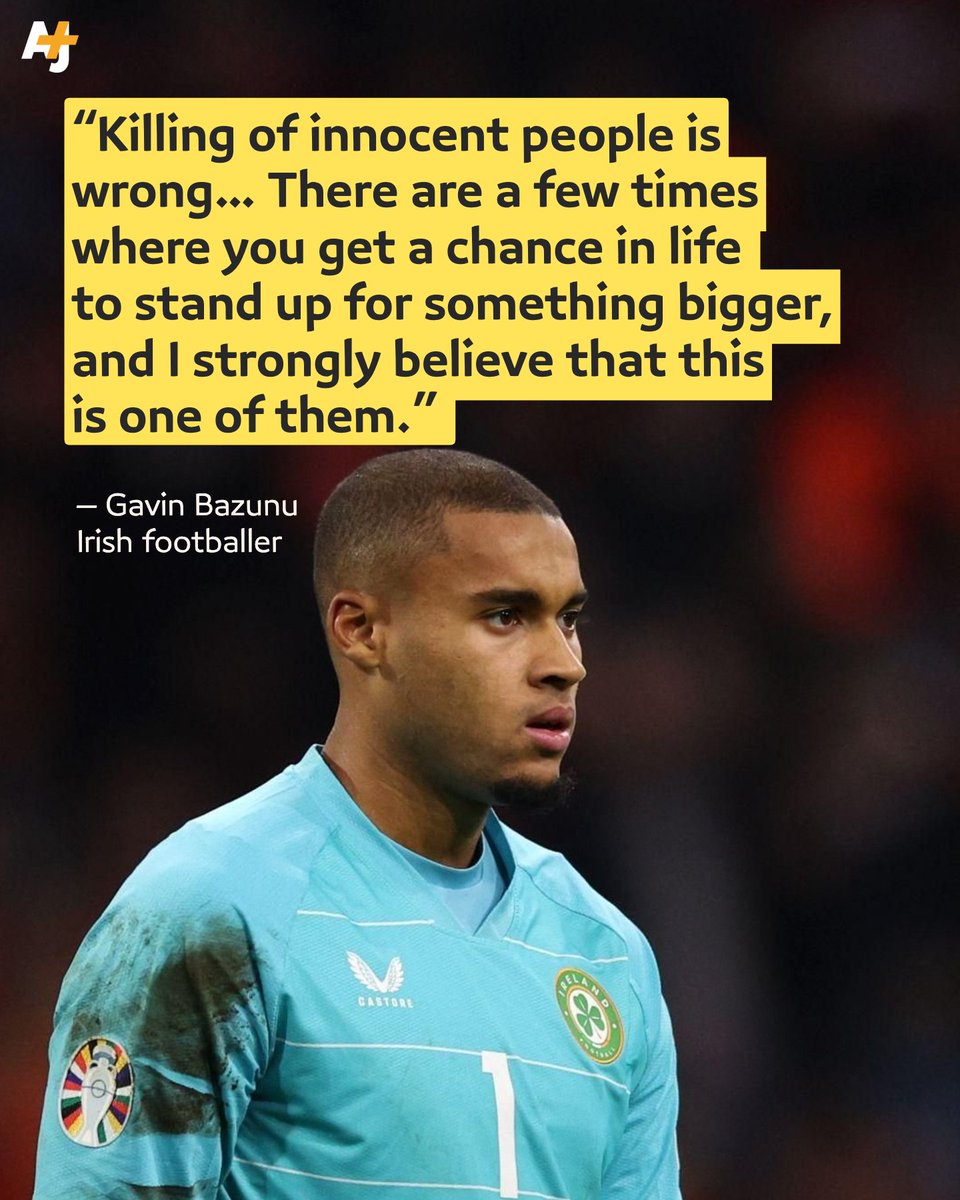 ajplus's tweet photo. Ireland goalkeeper Gavin Bazunu is refusing to play against Israel.

The footballer stood down, as the team voted to go ahead with the game. https://t.co/i5csHJS5EG