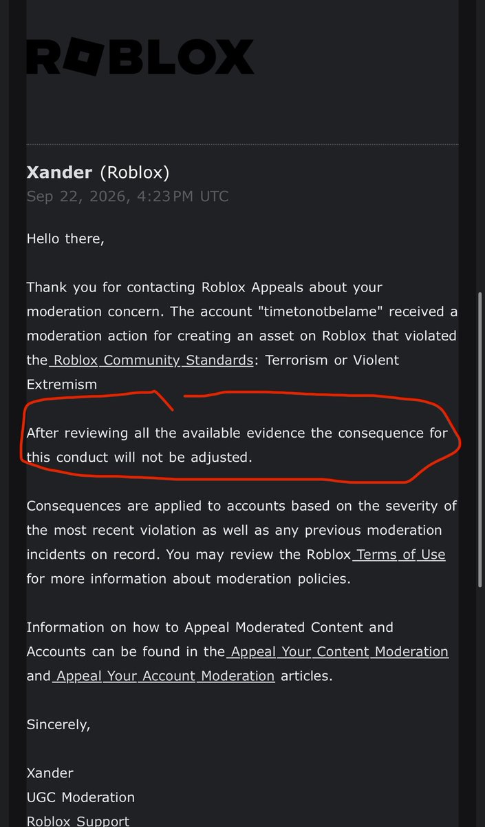 AdaptKhoi's tweet photo. It’s been 10+ DAYS since I was FALSELY banned, and I’m still not unbanned and have received zero response from Roblox Support. This is honestly crazy. I’ve been a UGC creator for years, and nothing like this has ever happened.  This is affecting our UGC business tremendously. It’s scary how Roblox’s AI moderation can ruin someone’s entire business/income, while Roblox Support seemingly does nothing to help and straight up denying it without actually reading what was said or looking at the evidence provided. Then also completely ignore their new support ticket with strong evidence despite it was blatantly clear that we were falsely banned.  

Username: Timetonotbelame (143992641) 
Group locked: Khoisie (33060834) 
Support Ticket ID: 183221551 or 1825561594
@RobloxCreators 
@Roblox
