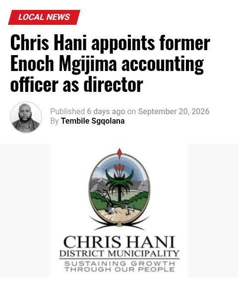 LadyAbahambe's tweet photo. 🚨R37.9M GHOST LEAVE: Former Enoch Mgijima Accounting Officer Appointed to Chris Hani District Weeks After Auditor-General South Africa Flags No Leave System

Komani then asks, who accounts for the R37.9 Million unverified leave?

Chris Hani District Municipality council has resolved to appoint former Enoch Mgijima accounting officer Ayakha Veronica Ntengenyane as Director of Health and Community Services from 1 October 2026.

The appointment comes months after the Auditor-General flagged Enoch Mgijima Local Municipality for having no system to monitor leave, leaving R37.9M employee leave liability that could not be verified.

Why Accounting Officer matters: Under MFMA Sec 62, the Accounting Officer is the head of administration - must ensure effective, efficient internal controls and that AFS fairly present financial position. Leave is financial liability. No leave system = failure of controls under AO. Auditor-General finding goes straight to AO's desk, not junior clerk.

Ntengenyane served as Accounting Officer's during period covered by Auditor-General findings. The MM resigned suddenly on 28 February 2026.

Questions Komani is asking:
1. Who will account for the R37.9M Ghost Leave now that leadership has moved?
2. If AO moves to District, who now signs off on correcting R37.9M Ghost Leave at Local?
3. Has Enoch Mgijima instituted a leave management system as recommended by AG?

This is not about a person, it's about a R37.9 Million Leave system.
By:#JanVanRiebeek