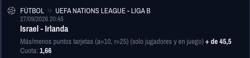 pickscardscorne's tweet photo. PICK PREPARTIDO 20:45 🔔⏰⚽️🛎️

Israel 🇮🇱- Irlanda 🇮🇪 

+ 4.5 Tarjetas

@ 1.66

Stake 8.5/10 https://t.co/eveJksAYfh