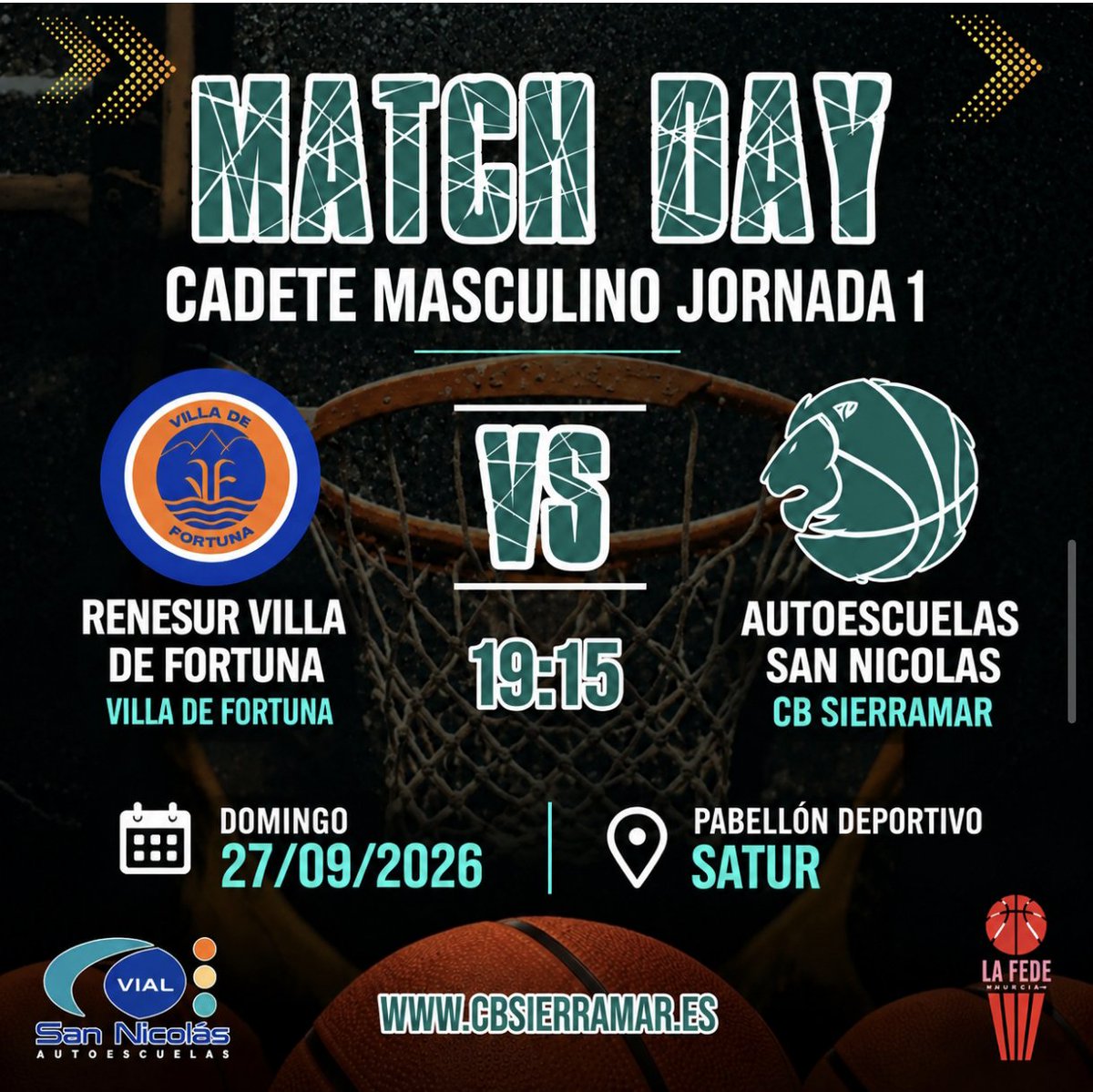 sierramarcb's tweet photo. 📣 #gameday Hoy partido de 🏀 de nuestros 🦁 Cadetes Inician temporada #vamossierramar ☄️💪💚

🏆Cadete Masculino
🗓 27 de Septiembre Jornada 1
⏰️ 19:15 PM
RENESUR @cb_villafortuna 🆚 🦁@autoescuelassannicolas
🏟 Pabellón Deportivo SATUR
📍Fortuna

#SomosSierraMar #lafede https://t.co/3VPfBi86K6