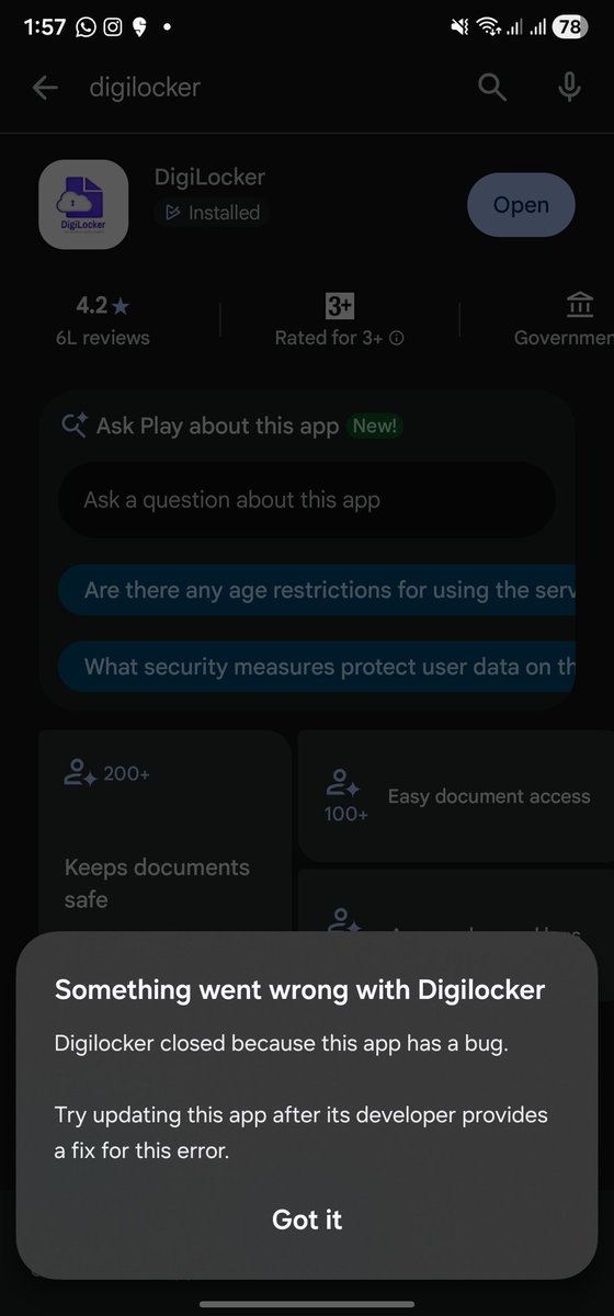 me_varun_'s tweet photo. Issue with #Digilocker.
While searching for documents, the app crashes and closes.

Not sure when this will be addressed!
@digilocker_ind https://t.co/YvJZaxqsS0