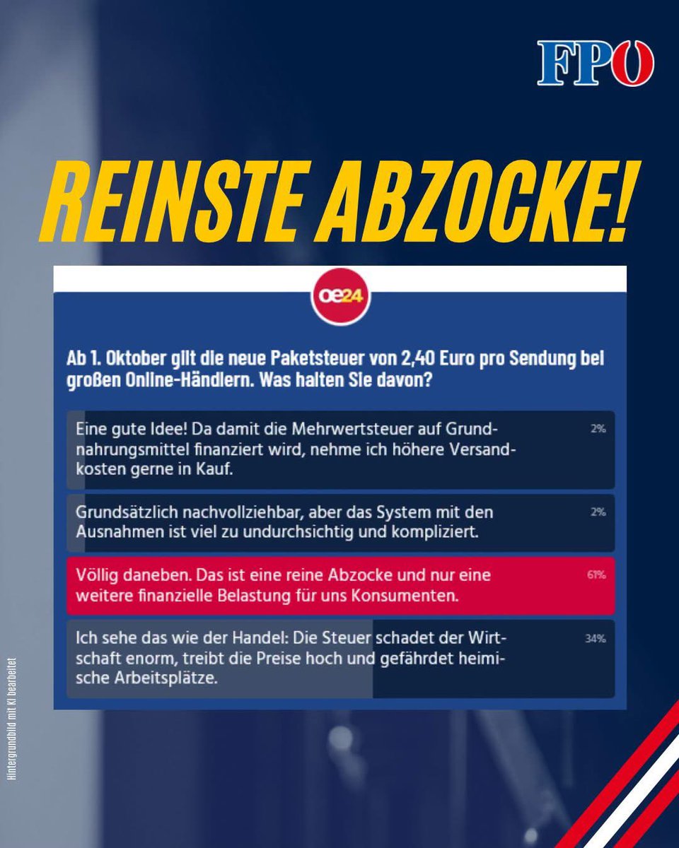 FPOE_TV's tweet photo. Dieses Stimmungsbild zeigt, was die Bevölkerung von der Paketsteuer der Verliererkoalition hält: Sie stiftet nicht nur große Verwirrung, sondern ist auch reine Abzocke für die Konsumenten. Also der nächste Rohrkrepierer von ÖVP-Stocker und SPÖ-Babler!

Was ist eure Meinung zur Paketsteuer?
