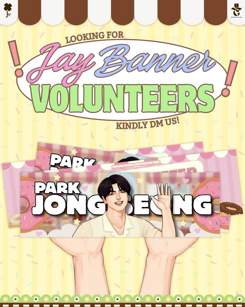 LuckyJayPH's tweet photo. 𝐉𝐉𝐎𝐍𝐆 𝐓𝐑𝐄𝐀𝐓𝐒 🍩

LOOKING FOR JAY BANNER VOLUNTEERS! 

ENGENE! We’re looking for volunteers for each section who can help fairly distribute Jay banners inside the venue on D-Day. 

If you’re interested and available to help distribute the handbanners during the event, please DM us! Your help will mean so much in making sure the banners are distributed as fairly as possible. 

Please take note that our banners are very limited, so they will be distributed evenly per section, and unfortunately, not everyone may be able to receive one.

In partnership with: @jayland_global @jaylandglobal

#DunkinPH_ENDLESS #ENDLESSFunMeet
#ENHYPEN #제이 #JAY 
#엔하이픈_제이 #ENHYPEN_JAY