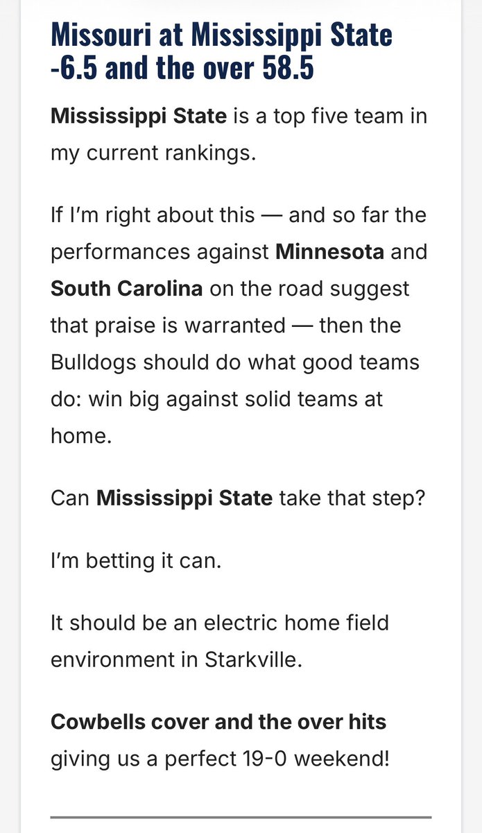 BadFoxGraphics's tweet photo. @ClayTravis @FoxNews 7/ “It should be an electric home field environment in Starkville. Cowbells cover and the over hits giving us a perfect 19-0 weekend!” –@ClayTravis before the UNDER hit, leaving Clay w/ a push, still underwater on the year

MS St.  31 🏈 -6.5 ✅
Mizzou 24
Over 58.5 ❌

#FadeClay https://t.co/hJvj95Zpsi