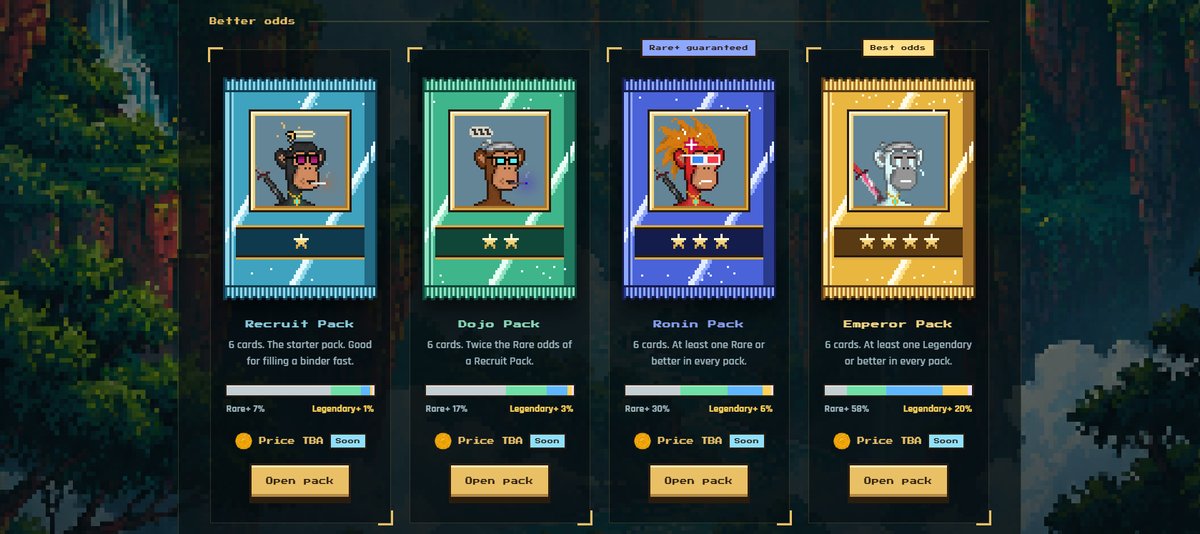 PrimateLegends's tweet photo. Tied to real Primate Legends, each pack holds up to 10 cards, sealed for specific clans and strategies.

Built on ETH Mainnet, with Solana optional. ⚔️ https://t.co/kl0V1InOKY