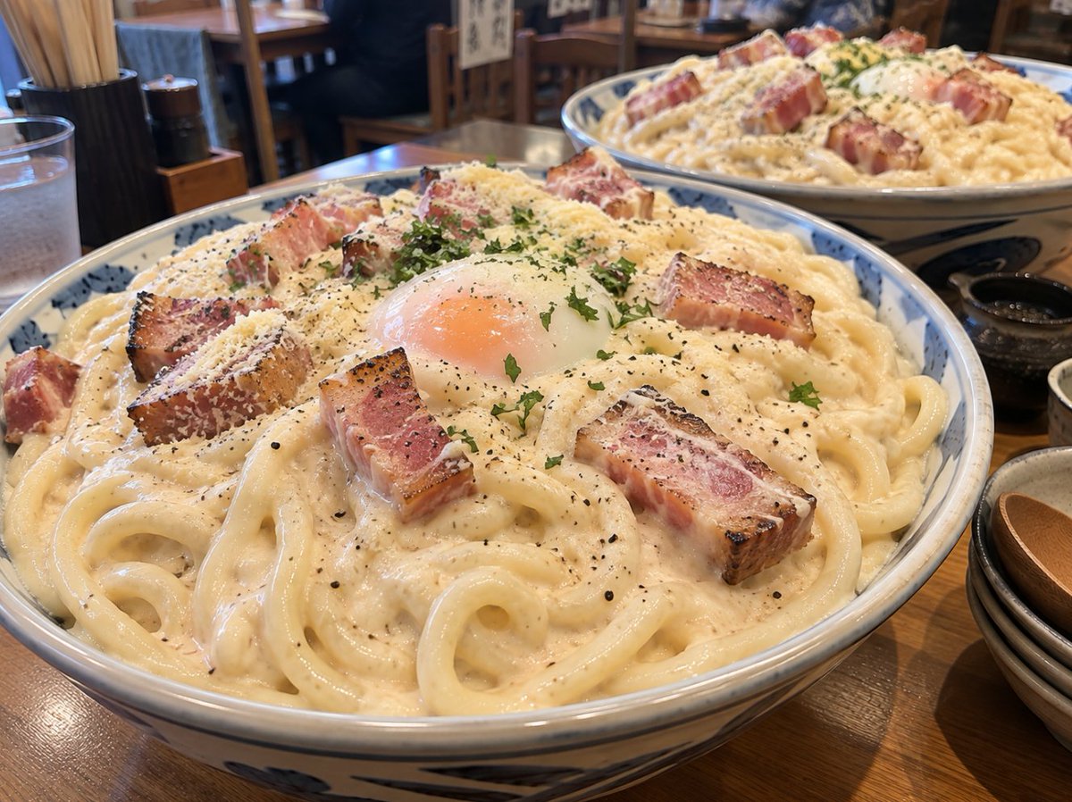 melikesalataci's tweet photo. 定食屋さんのカルボうどん特盛900円！

二人とも10分で完食でした😃😃😃 https://t.co/a3jGznagjr