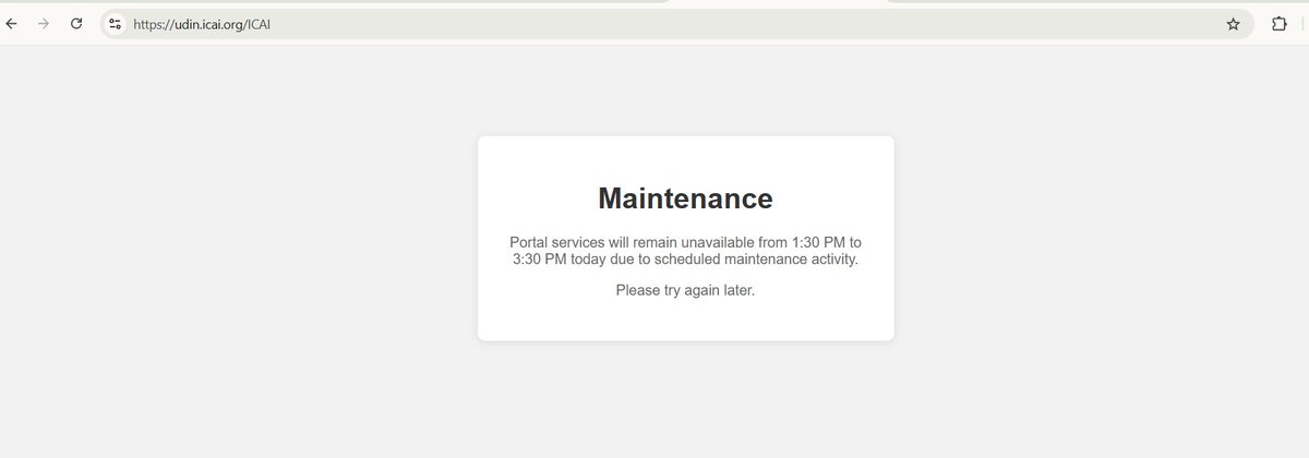 AbhasHalakhandi's tweet photo. UDIN Portal under maintenance after technical glitches on a SUNDAY!!

That itself shows Tax Auditors across the country are working even on SUNDAY

Clearly, the present time window is too compressed for quality audits. If the time available were sufficeint ,then why majority auditors (almost everone) along with their teams be working regulary on SUNDAYS

@IncomeTaxIndia @FinMinIndia @theicai  
#ExtendTaxAuditDueDate #TaxAudit #ExtendTaxAuditDate