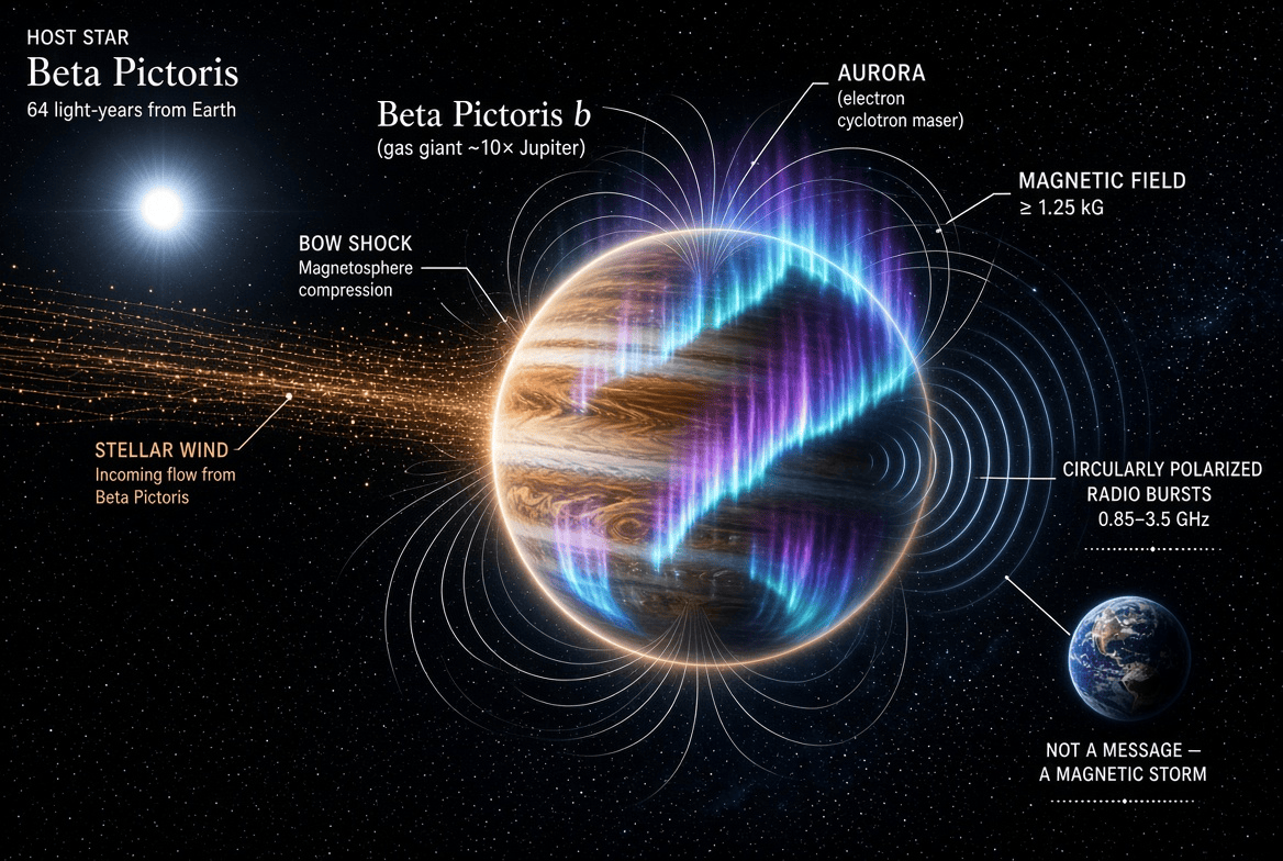 konstructivizm's tweet photo. A radio pulse from another world just arrived — and it is not a greeting.

Sixty-four light-years away, in the glare of the young star Beta Pictoris, a gas giant about ten times the mass of Jupiter is broadcasting. Astronomers using South Africa’s MeerKAT array have isolated the signal to the planet itself: Beta Pictoris b. For the first time, a radio source beyond the Solar System has been pinned to a single exoplanet rather than its star.

The temptation to hear a message is understandable. The reality is stranger, and more useful. The bursts are short, repeating, and fiercely circularly polarized — radio waves that corkscrew through space between 0.85 and 3.5 GHz. That is the fingerprint of an electron cyclotron maser: electrons racing along magnetic field lines and dumping energy as radio light. In other words, an aurora. Not the pale curtains of Earth, but a storm on a world whose magnetic field is at least 1.25 kilogauss — thousands of times stronger than Earth’s surface field.

Beta Pictoris b orbits about 10 astronomical units from its star and takes roughly 24 years to complete a lap. It spins in eight to nine hours. That combination — a young, massive planet, a dynamo-powered magnetosphere, and a stellar wind slamming into it — can drive auroras of almost cartoonish power. The polarization even flips handedness from one observing run to the next, as expected when different magnetic poles and viewing angles rotate into view.

So no civilization. Something better for science: the first direct measurement of an exoplanet’s magnetic field. Magnetic fields decide how atmospheres leak into space, how planets shed heat, and whether a world can hold onto the chemistry of life. Jupiter already shouts in radio; now a planet around another star has joined the chorus.

The next move is obvious. Point the same technique at other giant worlds and listen for the aurora’s scream. The galaxy just got a new way to take a planet’s pulse.