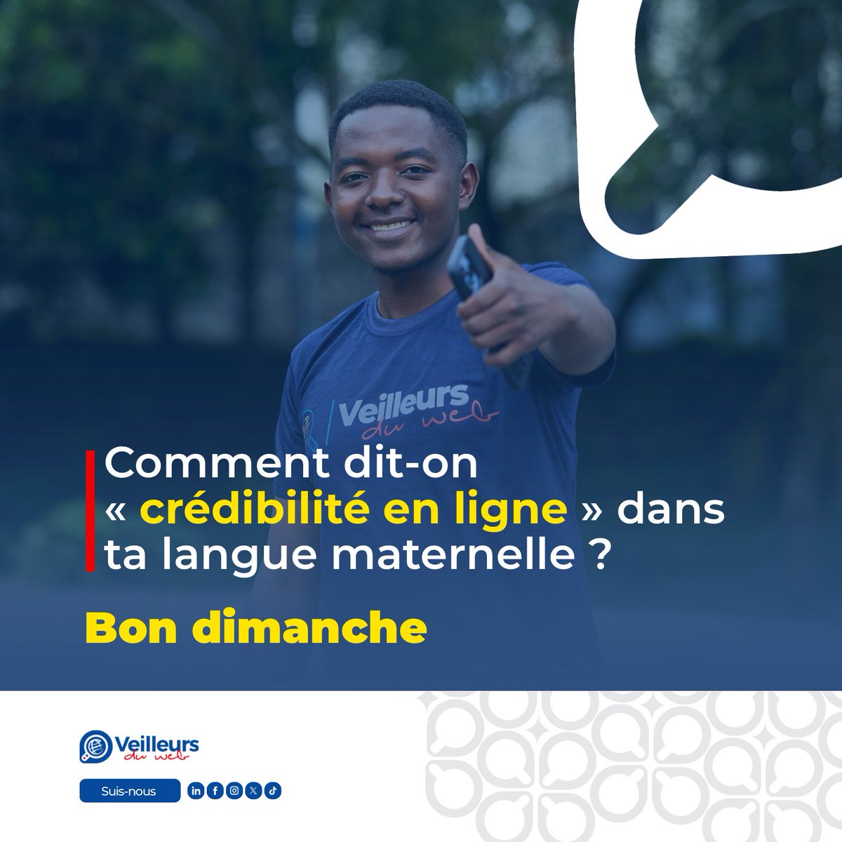 veilleursduweb's tweet photo. Une même idée, plusieurs langues ! 🤞🏾

Comment dit-on « crédibilité en ligne » dans ta langue maternelle ? 😉

Que tu parles lingala, swahili, tshiluba, kikongo, lomongo ou autres, écris-le en commentaire👇🏾
 
Bon dimanche https://t.co/JybNVe1qXy