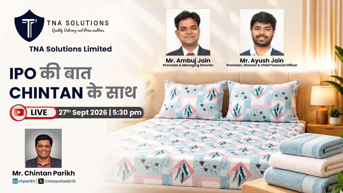 ChintanParikh10's tweet photo. #SMEIPO #Livediscussion #TNA #TNAsolutions
🔴 LIVE today at 5:30 PM IST: TNA Solutions SME IPO with MD Ambuj Jain & CFO Ayush Jain, hosted by Chintan
TNA Solutions (Indore, MP) makes home textiles: sheet sets, pillow shells, towels and top-of-bed products, for global retailers and domestic brands. It runs an asset-light model: wet processing is outsourced, while cutting, stitching, finishing and quality control are done in-house. Exports went from 2.79% of revenue in FY24 to 52.03% in FY26, across 11 countries led by the USA. It also has its own brand, "Ambra Linens".
📊 FY26 vs FY25
• Revenue: ₹104.59 Cr vs ₹81.49 Cr
• EBITDA: ₹12.68 Cr (12.12% margin)
• PAT: ₹9.58 Cr vs ₹6.66 Cr (9.16% margin)
• ROE 32.60% | ROCE 42.84% | D/E 1.29x
📌 IPO Details
• Issue Size: ₹37.86 Cr (fresh issue only)
• Price Band: ₹66-₹70 | Lot: 2,000 shares
• Minimum Retail Investment: ₹2,80,000 (2 lots)
• Opens 30 Sep, closes 6 Oct, listing 9 Oct 2026
• BSE SME | Market Cap: ₹142.86 Cr | P/E ~14.9x
💰 Use of Proceeds
✅ ₹6.76 Cr for the new Dhamnod unit (+67.77% capacity)
✅ ₹20 Cr for working capital
✅ Balance for general corporate purposes
⚖️ Key Discussion Points
✅ Export-led growth: revenue CAGR 70.80%, PAT CAGR 88.84% (FY24-26)
✅ Product mix shift and the Ambra Linens D2C plan
✅ High inventory and receivable days, negative operating cash flow
✅ Cotton, tariff and SME liquidity risks
✅ Valuation vs listed home-textile peers
🎯 Can TNA sustain its export-led growth with a working-capital-heavy balance sheet?
🗓️ Today, 27 Sep 2026 | ⏰ 5:30 PM IST
🔗 Watch LIVE on YouTube, X and LinkedIn
⚠️ Disclaimer: For educational purposes only. We are not SEBI-registered investment advisors. This is not investment advice. Please read the RHP and consult your financial advisor.
#TNASolutionsIPO #SMEIPO #BSESME #IPOAnalysis #HomeTextiles #IndianStockMarket #InvestingIndia
https://t.co/5hhWPy80jz