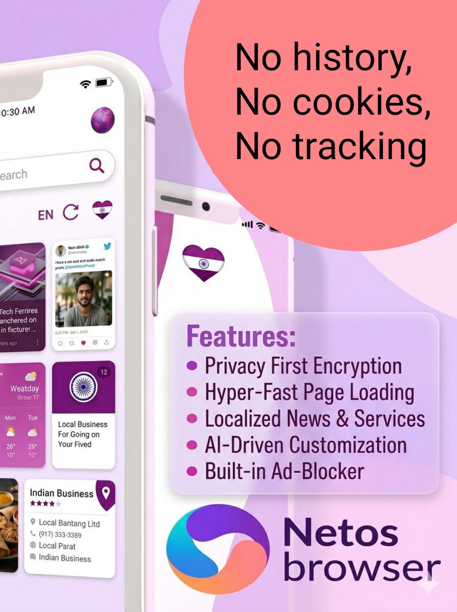 Bindicom's tweet photo. 🇮🇳 Netos Browser is a India's newest, secure, and lightweight incognito browser designed to protect your privacy. Browse the internet without leaving a trace no history, no cookies, no tracking #Netos #browser #Madeinindia #atmanirbhar https://t.co/d3Opl7mmkM