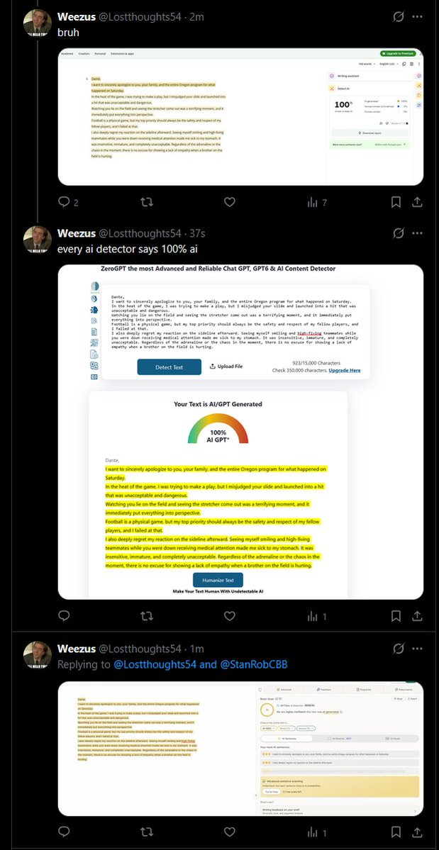 Lostthoughts54's tweet photo. @USC_Athletics linebacker apology flagged as written by ai after hit on @oregonfootball QB. #oregon https://t.co/BoP4NDTZJl