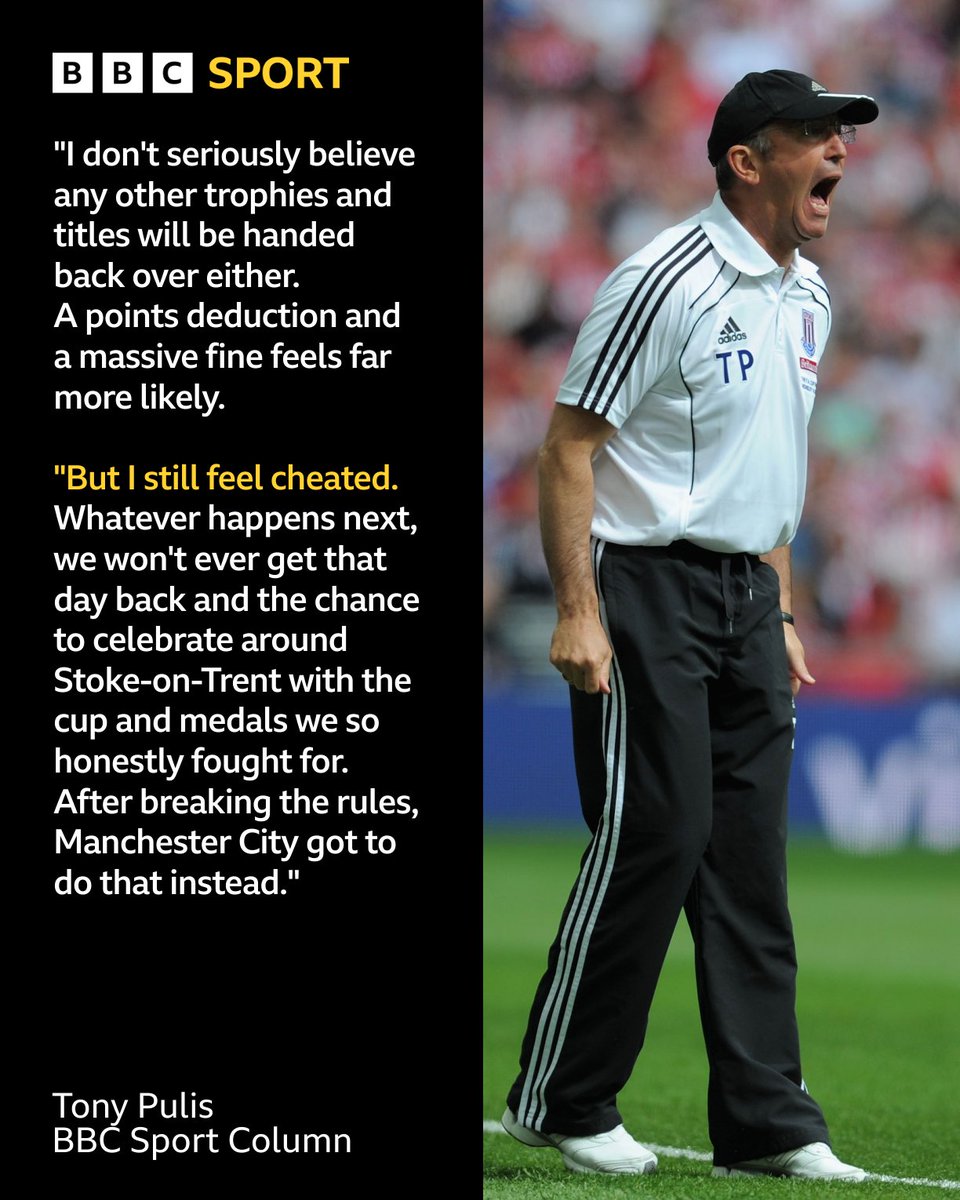 BBCMOTD's tweet photo. Tony Pulis says he feels "cheated" after the news around Manchester City's 115 financial breaches, speaking in his BBC Sport column about his former side Stoke City, who he managed during a 1-0 defeat against City in the 2011 FA Cup final. https://t.co/zMqW7Ka3Ya