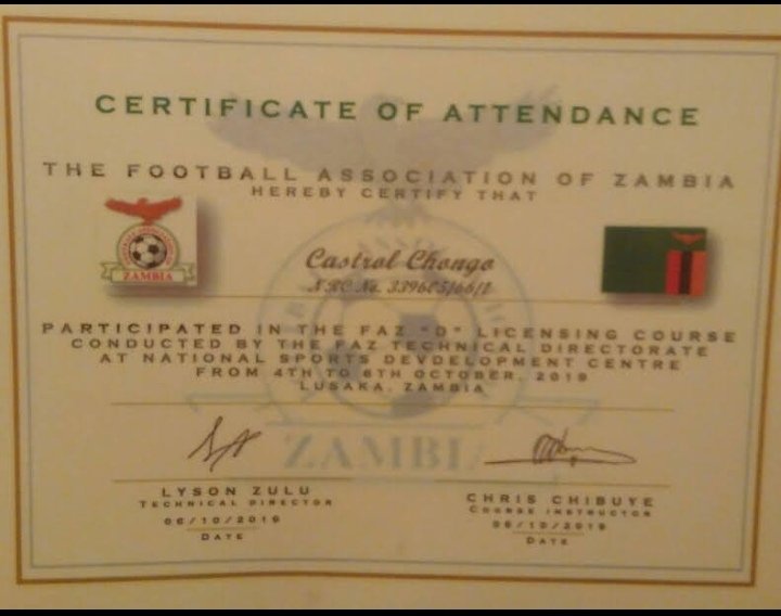 CastroWawa6176's tweet photo. I was honoured and grateful to be certified as a football Coach by the football Association of Zambia (FAZ) in 2019. 

The idea is to pick up from where dad left through the passion i have for football. He was a very good coach and everyone in mufulira still mourn him especially when the team loses. It's sorrowful.

Coaching is part of my dream.
Until we develop and upgrade our standards of Zambian and african football.

All youths in zambia must be encouraged to pursue coaching. Its a good one.

One zambia. One nation.