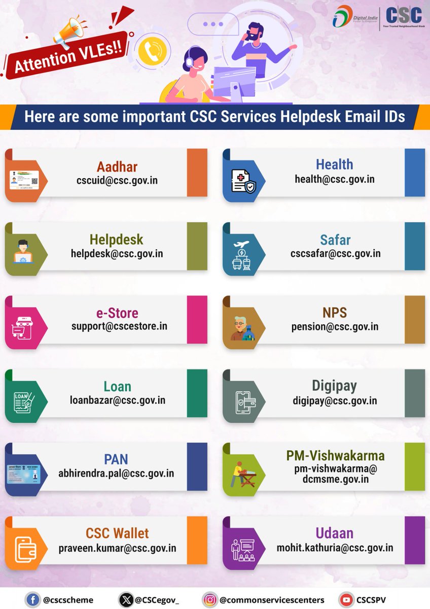 CSCegov_'s tweet photo. Attention VLEs!

Please find below a list of important #CSC Services Helpdesk Email IDs.

For any queries related to specific services, you are requested to reach out to the respective helpdesk email ID mentioned.

#DigitalIndia #CSCHelpdesk #CSCServiceEmails #Helpdesk https://t.co/86c41NxRR6
