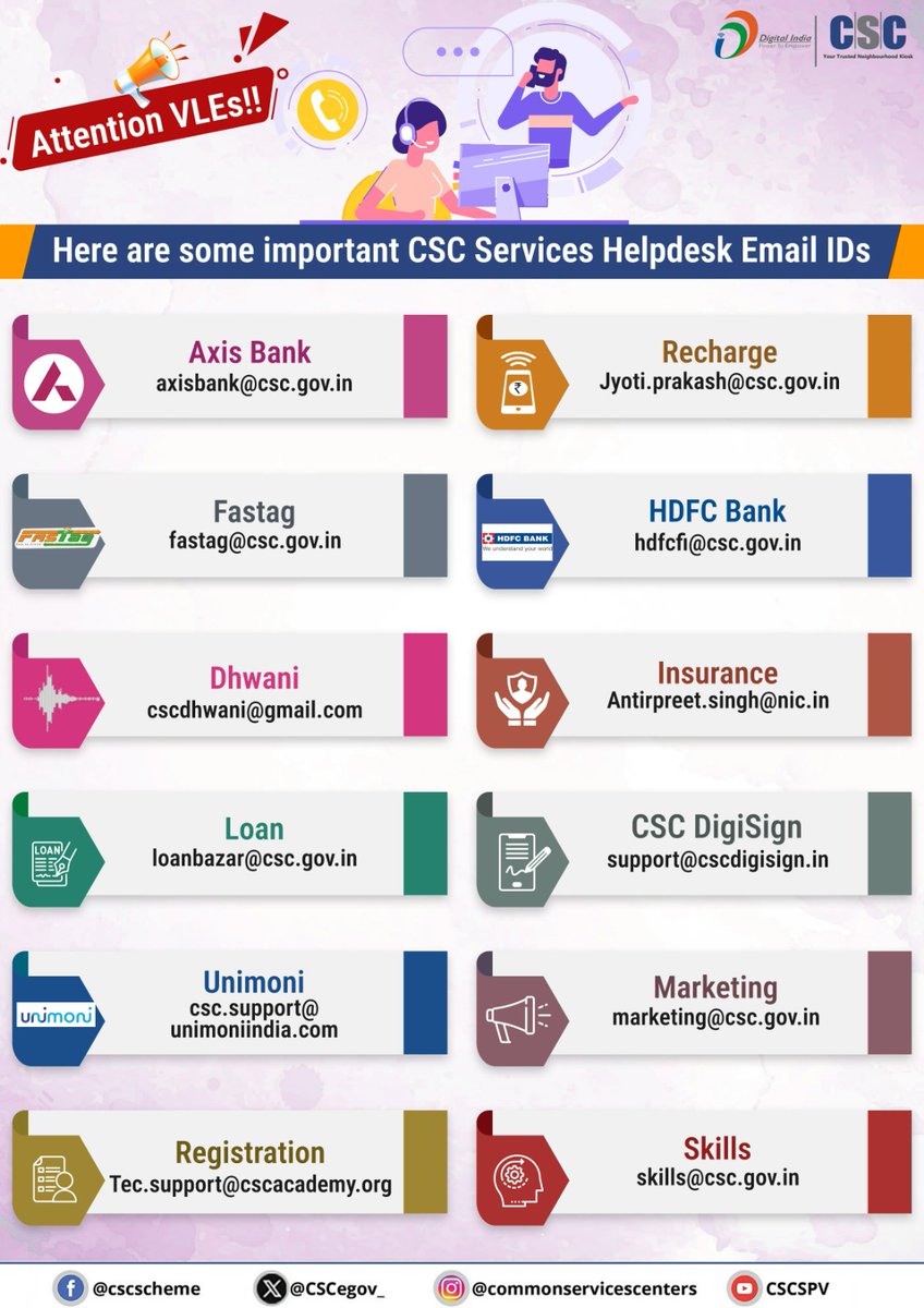 CSCegov_'s tweet photo. Attention VLEs!

Please find below a list of important #CSC Services Helpdesk Email IDs.

For any queries related to specific services, you are requested to reach out to the respective helpdesk email ID mentioned.

#DigitalIndia #CSCHelpdesk #CSCServiceEmails #Helpdesk https://t.co/86c41NxRR6