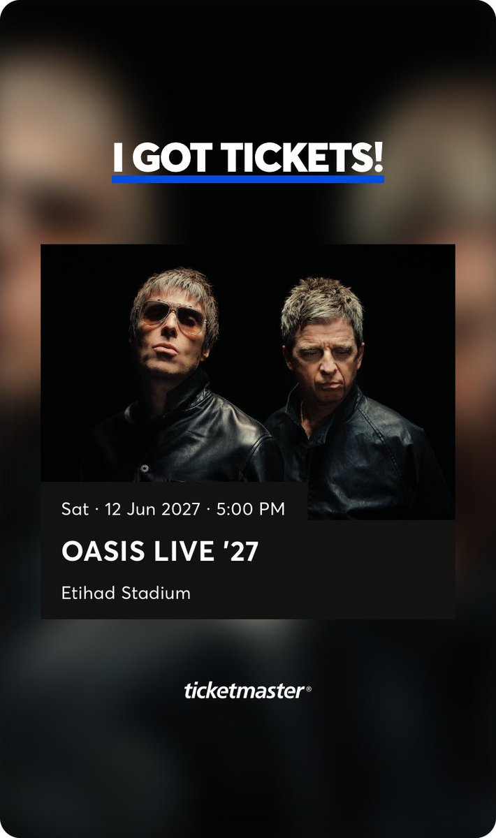 Markwatson75's tweet photo. I got tickets! Oasis Live '27 - Etihad Stadium - Sat · 12 Jun 2027 · 5:00 PM - Who's in?
https://t.co/zbZHADM9u4 https://t.co/vWclyqdHba