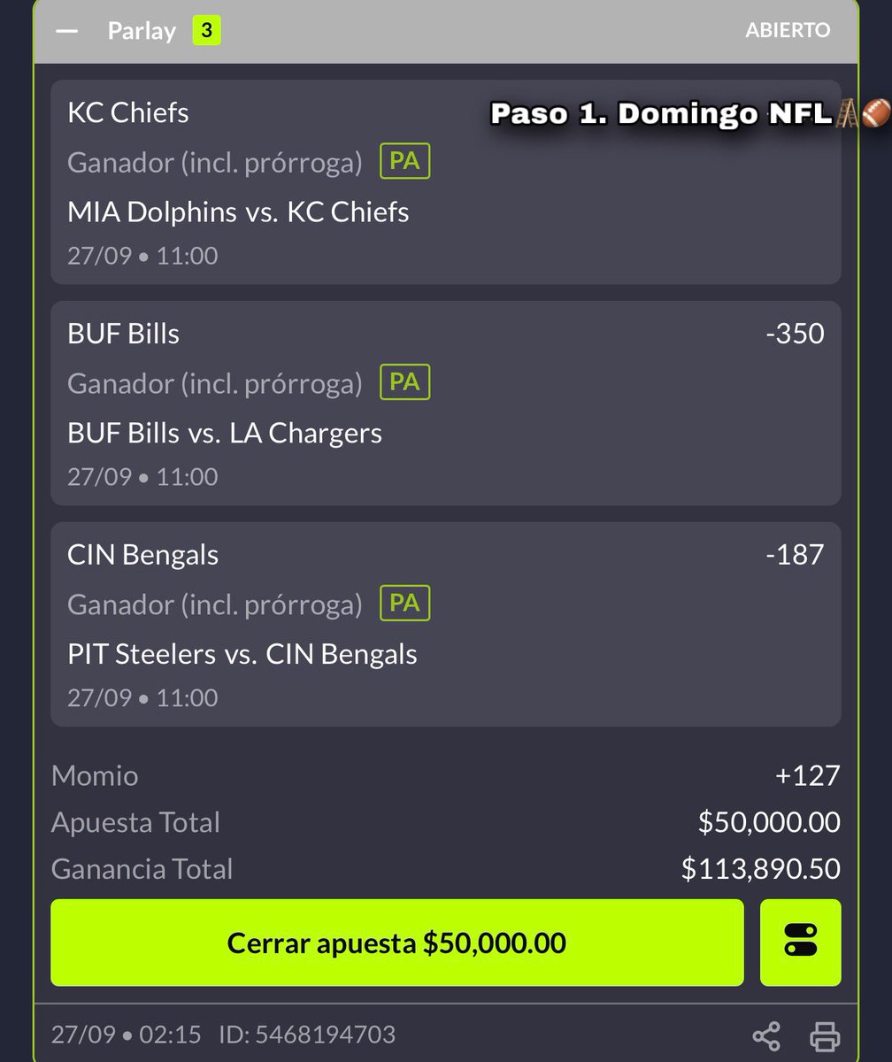 hugowx_'s tweet photo. Todos los que metan la jugada dejen un ❤️ quiero ver 700 para subir el potencial paso 2🪜

Iniciamos con este Parlay triple (+130) #ChiefsKingdom + #BillsMafia + #Whodey inician tempra 11am (centro México)

Paso 1. Reto $1,600 a $20,000 Domingo de #NFL👇🏻 https://t.co/tCUezv4W9j