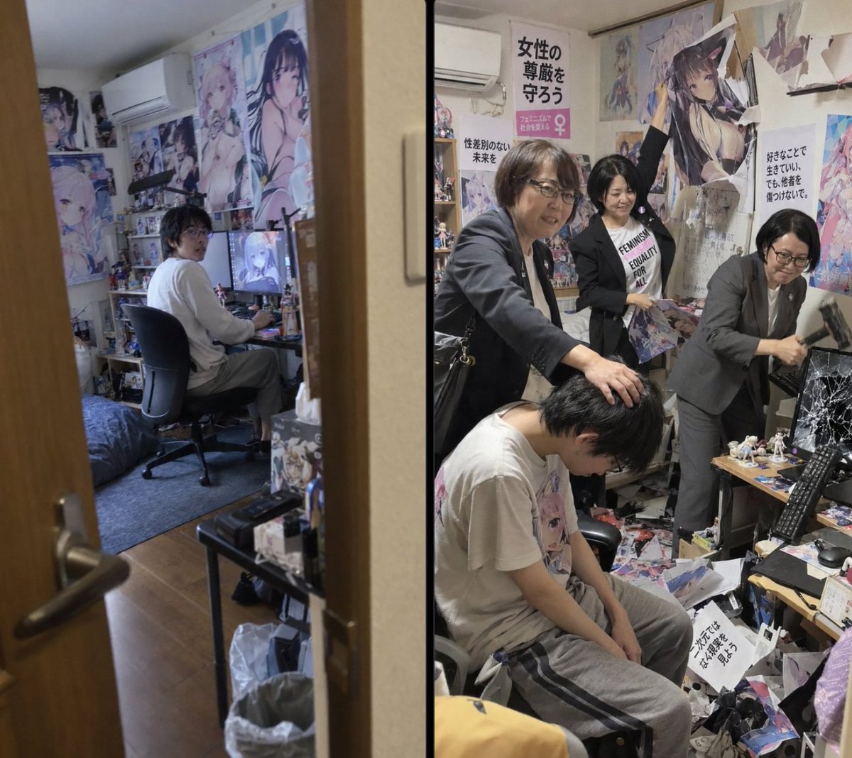 not__vee's tweet photo. Is it weird that i find the people on the right to be far more repugnant and disgusting for society than the guy on the left?

The guy on the left is in his bedroom and while he might be a degernate he is not causing problems for me or my family.
If he keeps it to himself and plays video games he is de-facto not a societal danger.

The people on the right however are conflict-seeking.
Their pornography is not 2d anime girls, but is geting off from the power trip they have by violating others and pointing out there is no privacy where you can escape them.

I can live in a neighberhood with people on the left, I just don't interact with them.

But living in a neighberhood with people on the right is like living under a home owner association.
They are insuferable.