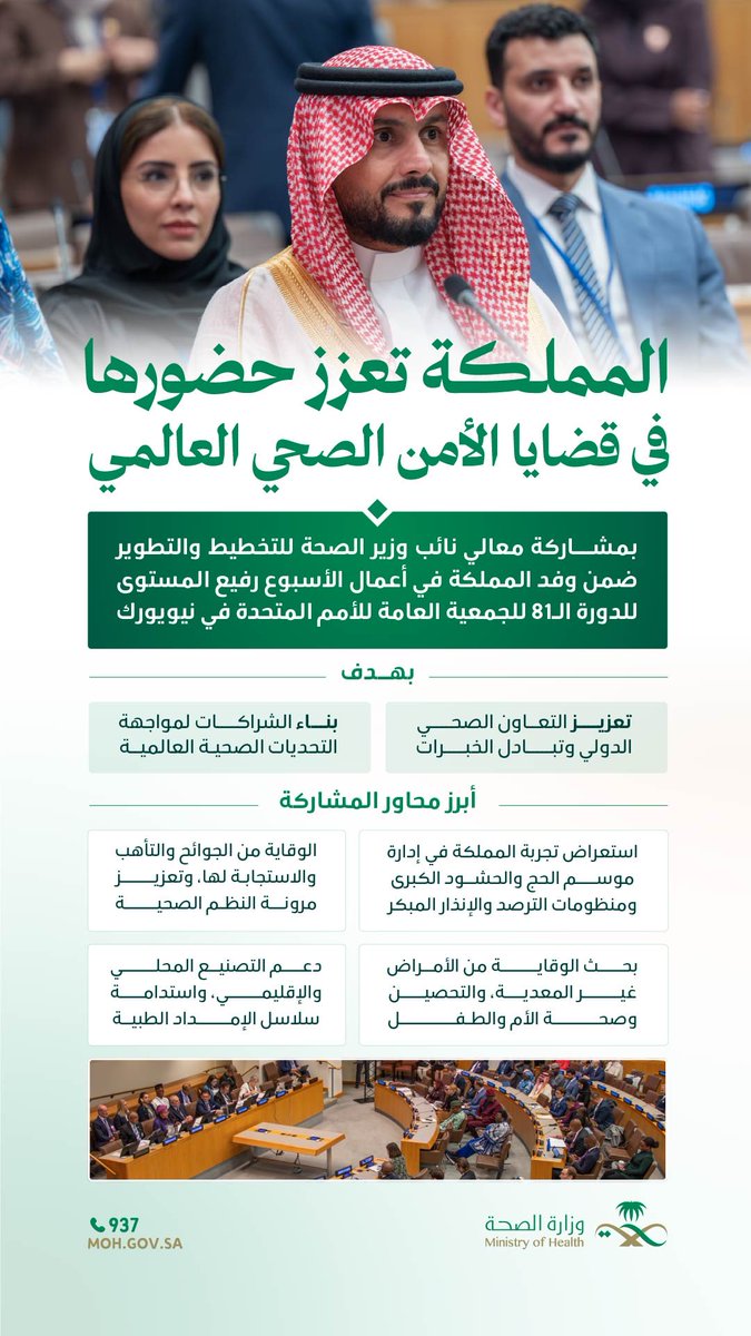 SaudiMOH's tweet photo. من التجربة الوطنية إلى الأثر العالمي.
تستعرض المملكة تجربتها الصحية في أعمال الأسبوع رفيع المستوى للجمعية العامة للأمم المتحدة، دعمًا للشراكات الدولية وجاهزية النظم الصحية. https://t.co/zezizdVx5W