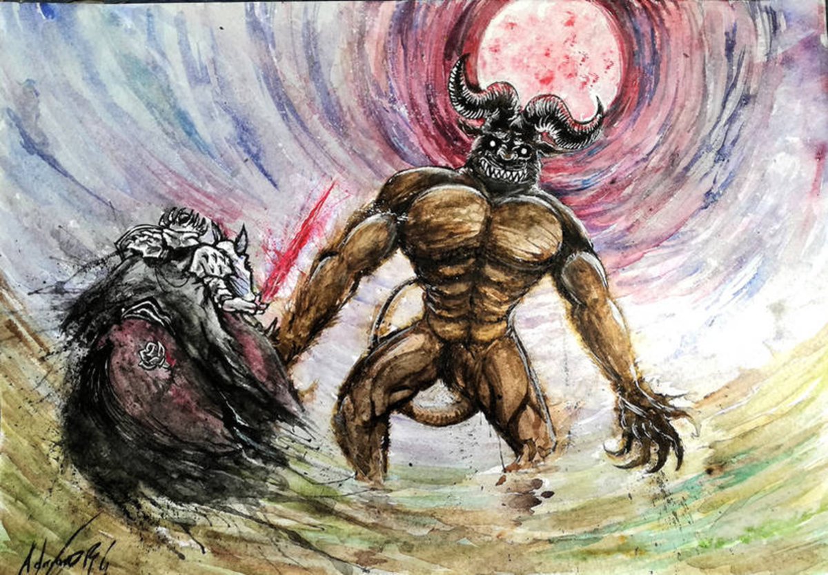 InKhov's tweet photo. Nosferatu Zodd blocking the Skull Knight's path. #berserk #art #watercolor https://t.co/ys5Zp8Ov1l
